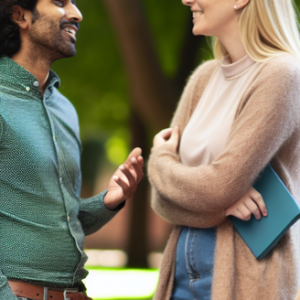 A group of colleagues chatting in a park, indicating social aspects of wellness in a peaceful environment