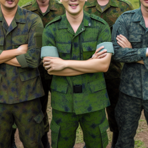 A group of military personnel in camouflage uniforms standing together, indicating camaraderie and teamwork