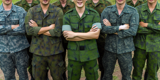 A group of military personnel in camouflage uniforms standing together, indicating camaraderie and teamwork