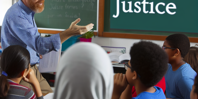 A teacher interacting with students in a classroom, discussing societal implications of justice