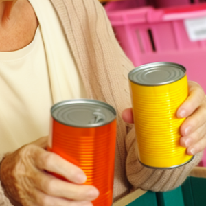 An elderly lady at a food bank donating canned goods