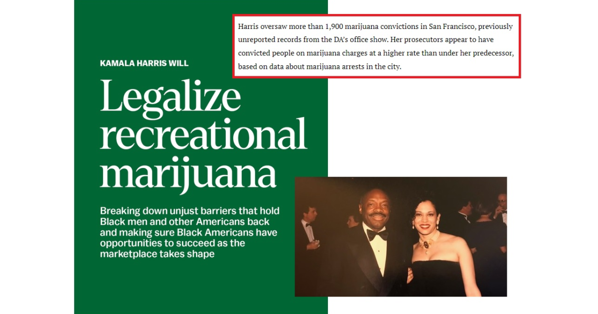 Kamala Harris Calls for Legalizing Marijuana on X – But as San Francisco District Attorney She Oversaw 1,900 Prosecutions for Marijuana Offenses, More than Her Predecessor