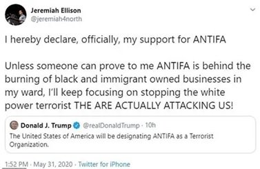 Tweet expressing support for ANTIFA by Jeremiah Ellison, responding to a statement from Donald Trump about designating ANTIFA as a terrorist organization.