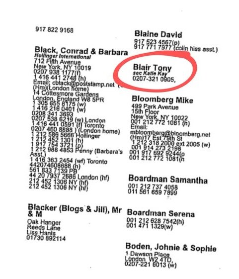 Contact list featuring names, phone numbers, and email addresses, highlighting Tony Blair's contact information and secretary, Katie Kay.