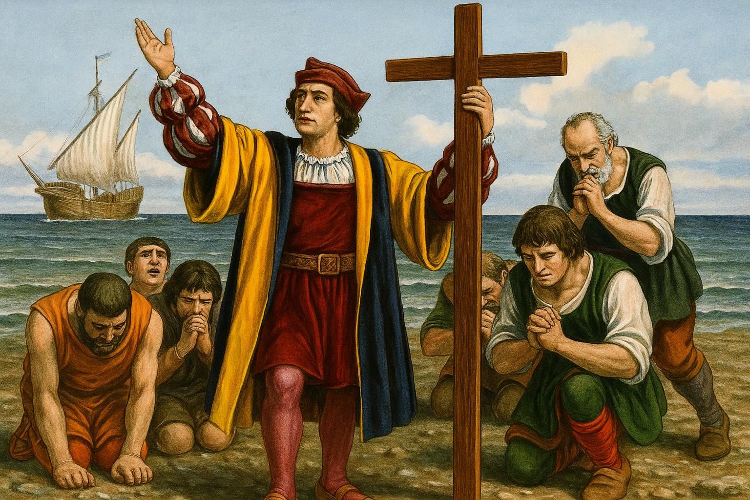 Christopher Columbus stands with a cross, addressing kneeling crew members on a beach, with a ship in the background, symbolizing exploration and faith.