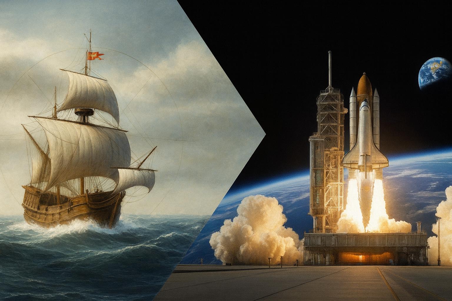 A historic sailing ship contrasts with a modern space shuttle launch against a backdrop of Earth, symbolizing the evolution of exploration.