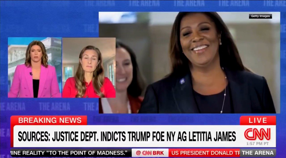 CNN news segment featuring Letitia James discussing the indictment of a political opponent, with on-screen updates and reactions from the hosts.