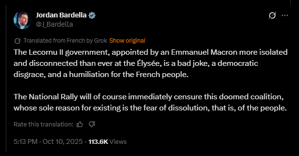 Tweet by Jordan Bardella criticizing the Lecornu II government and its disconnect from the French people, highlighting the National Rally's response to the coalition's instability.