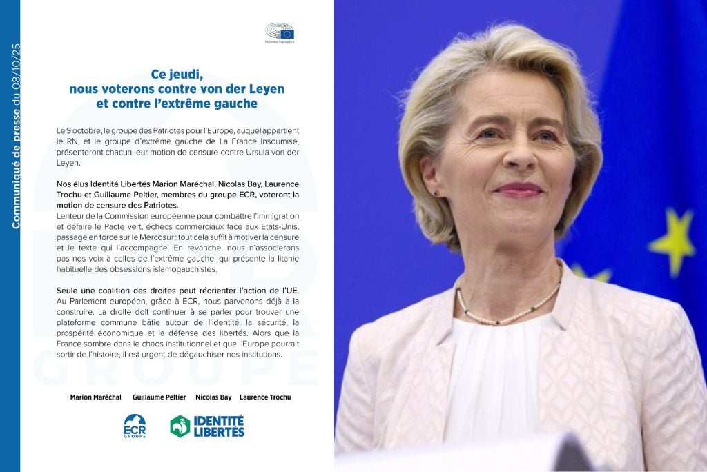 Ursula von der Leyen speaking at a press conference with the European Union flag in the background, discussing political motions and actions in the EU.