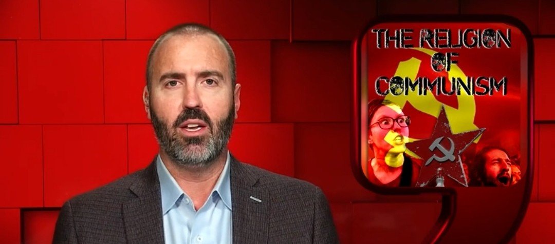 Man speaking on-screen about the concept of communism, with graphics depicting communist symbols and expressive individuals in the background.